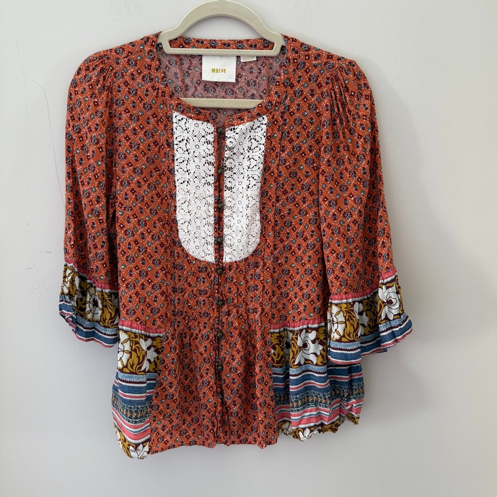 Maeve Anthropologie‎ Floral Print Blouse Button Up Bohemian Orange Top Size 4